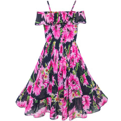 Girls Dress Chiffon Pink Sunflower Cold Shoulder Maxi Dress Size 5-12 Years