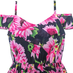 Girls Dress Chiffon Pink Sunflower Cold Shoulder Maxi Dress Size 5-12 Years