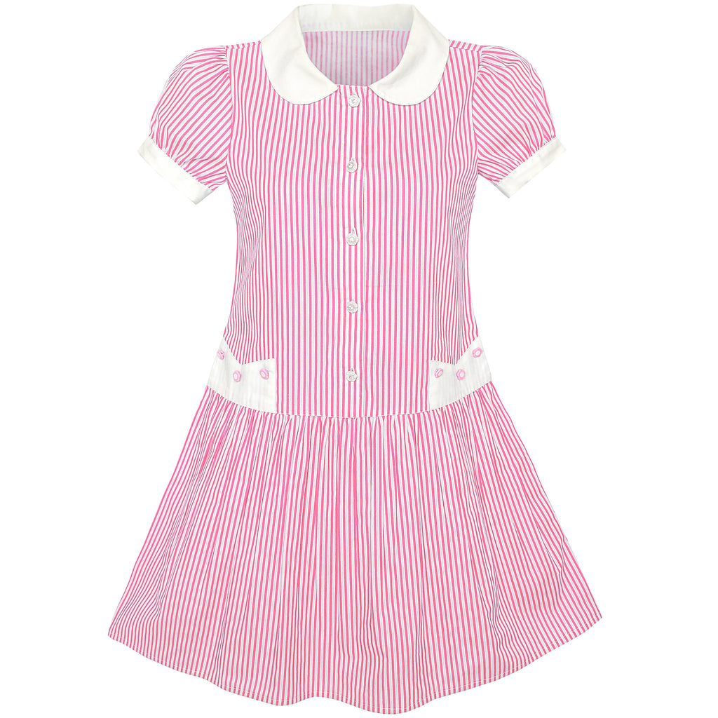 Girls Dress Pink White Stripe Collar School Short Sleeve Size 5-12 Years