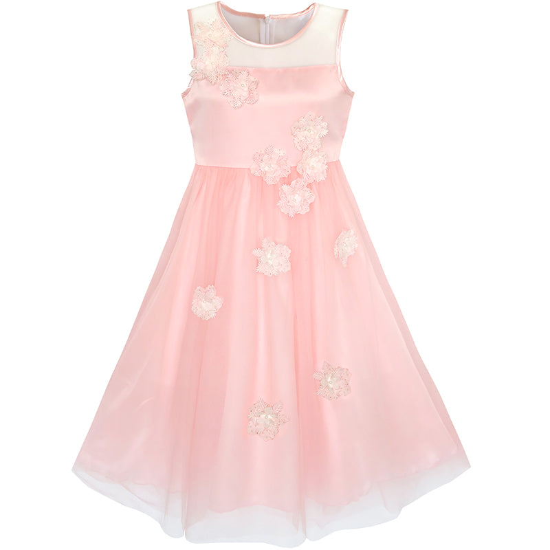Flower Girls Dress Illusion Yoke Pageant Wedding Party Size 7-14 Years