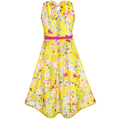 Girls Dress Yellow Floral Red Belt Chiffon Party Maxi Dress Size 6-14 Years