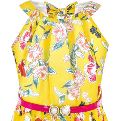 Girls Dress Yellow Floral Red Belt Chiffon Party Maxi Dress Size 6-14 Years