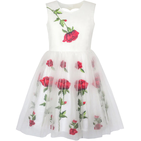 Girls Dress Rose Flower Embroidery Heart Shape Back Wedding Size 6-14 Years
