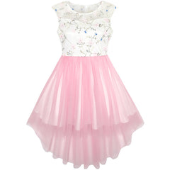 Flower Girls Dress Pink Lace Embroidered Wedding Bridesmaid Size 3-14 Years