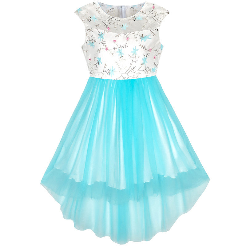 Flower Girls Dress Blue Lace Embroidered Wedding Bridesmaid Size 3-14 Years