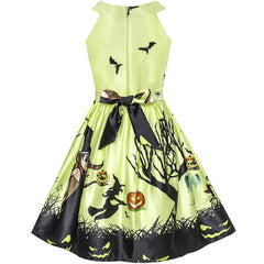 Girls Dress Halloween Witch Bat Pumpkin Costume Halter Dress Size 7-14 Years