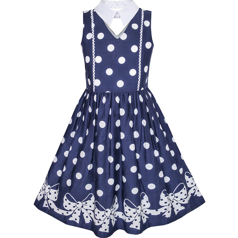 Girls Dress Blue White Polka Dot Bow Tie Collar School Size 6-14 Years