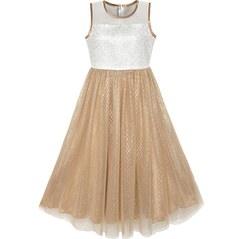 Flower Girls Dress Illusion Yoke Pageant Coffe Wedding Party Size 6-14 Years