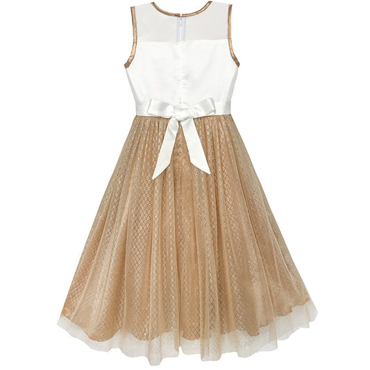 Flower Girls Dress Illusion Yoke Pageant Coffe Wedding Party Size 6-14 Years