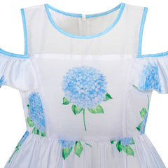 Girls Dress Blue Hydrangea Flower Cold Shoulder Party Princess Size 5-12 Years