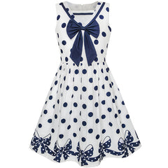 Girls Dress Navy Blue Dot Bow Tie Back School Size 5-12 Years