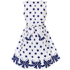 Girls Dress Navy Blue Dot Bow Tie Back School Size 5-12 Years