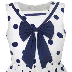 Girls Dress Navy Blue Dot Bow Tie Back School Size 5-12 Years