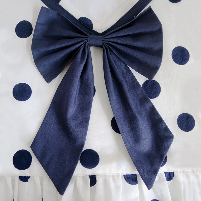 Girls Dress Navy Blue Dot Bow Tie Back School Size 5-12 Years