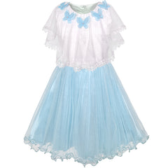Girls Dress Cape Dress Blue Butterfly Princess Wedding Pageant Size 5-12 Years