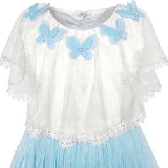 Girls Dress Cape Dress Blue Butterfly Princess Wedding Pageant Size 5-12 Years