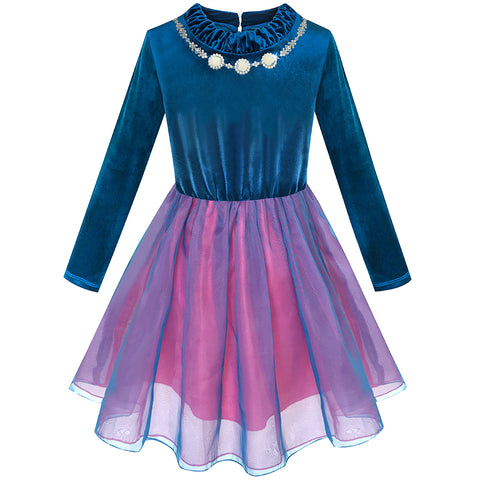 Girls Dress Velvet Top Ruffle Collar Necklace Tulle Skirt Size 5-12 Years