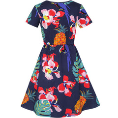 Girls Dress Pineapple Leaf Flower Parrot Print Tropical Size 6-12 Years