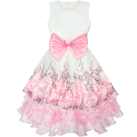 Flower Girls Dress Pink Sequin Dimensional Flowers Bow Tie Pageant Size 7-14 Years