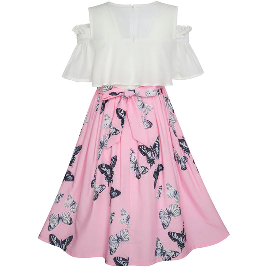 Girls Dress Chiffon Butterfly Ruffle Cold Shoulder Size 4-14 Years