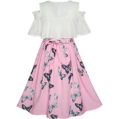 Girls Dress Chiffon Butterfly Ruffle Cold Shoulder White Pink Size 7-14 Years