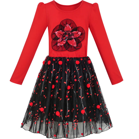 Girls Dress Long Sleeve Cotton Red Flower Christmas Dress Size 6-12 Years