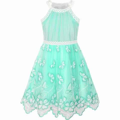 Girls Dress Turquoise Butterfly Embroidered Halter Dress Party Size 5-12 Years