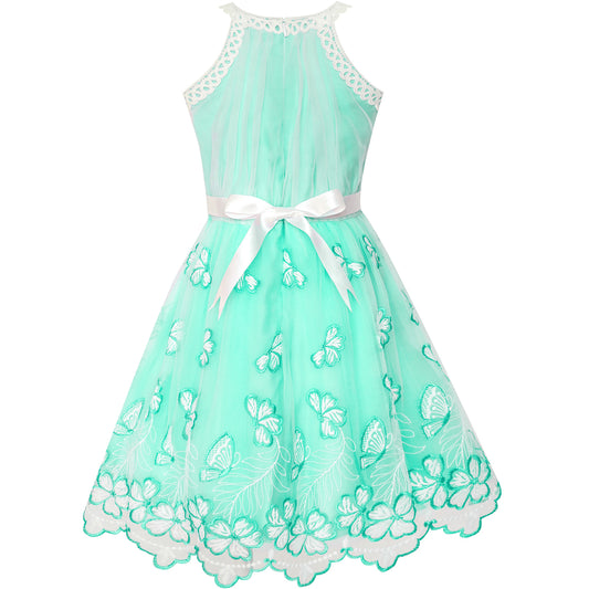Girls Dress Butterfly Embroidered Halter Dress Party Size 5-12 Years