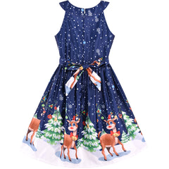 Girls Dress Christmas Eve Christmas Tree Snow Reindeer Party Size 7-14 Years