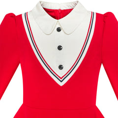Girls Dress School White Collar Red Long Sleeve Striped Size 4-12 Years