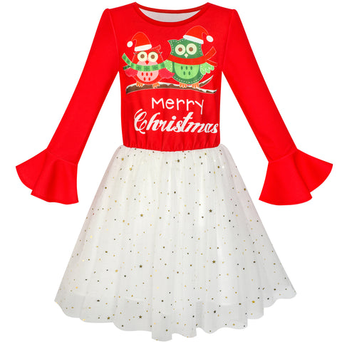 Girls Dress Long Sleeve Christmas Owl Sparkling Sequin Tulle Size 3-14 Years