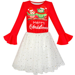 Girls Dress Long Sleeve Christmas Owl Sparkling Sequin Tulle Size 3-14 Years