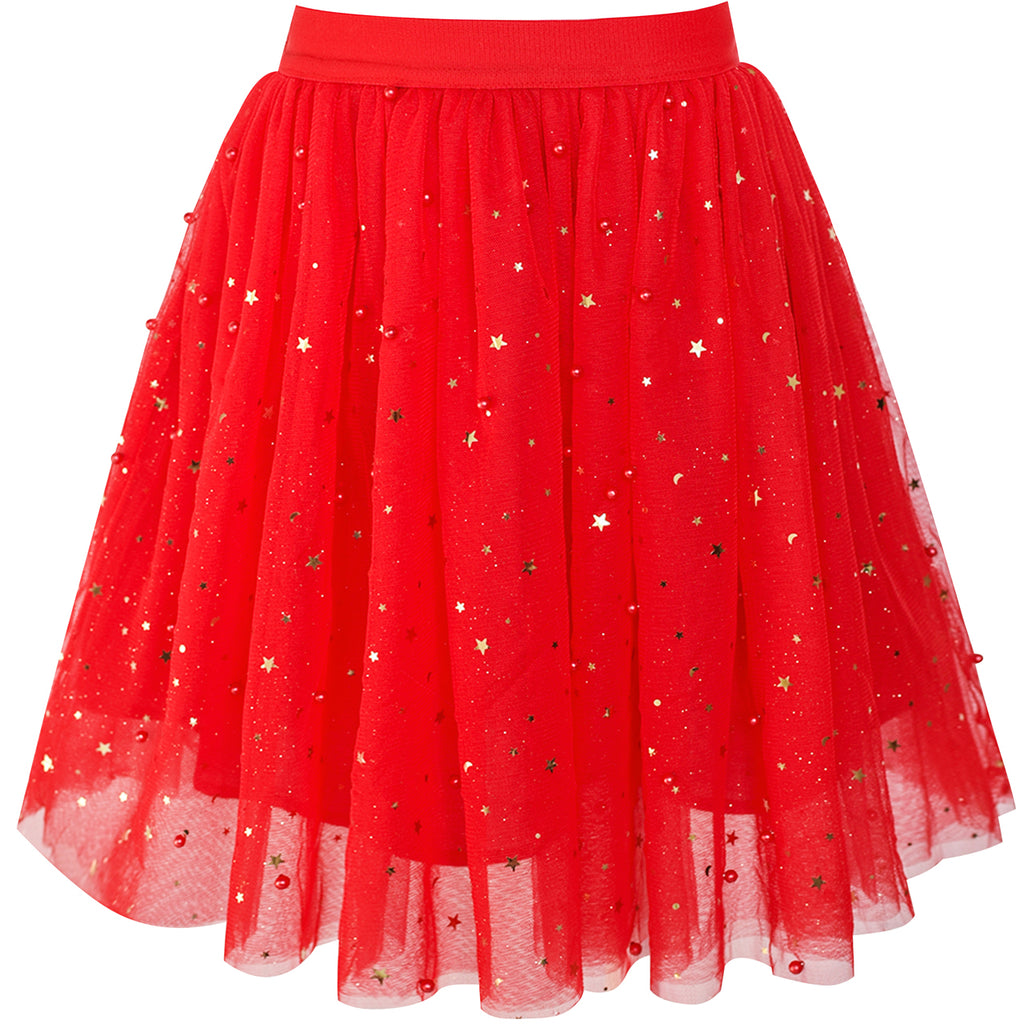 Girls Skirt Red Pearl Stars Sparkling Tutu Dancing Size 4-12 Years