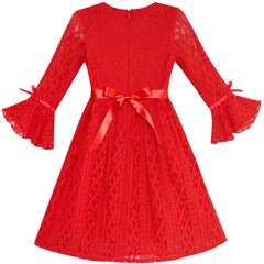 Girls Dress Red Lotus Sleeve Lace Princess Party Dress Size 5-12 Years