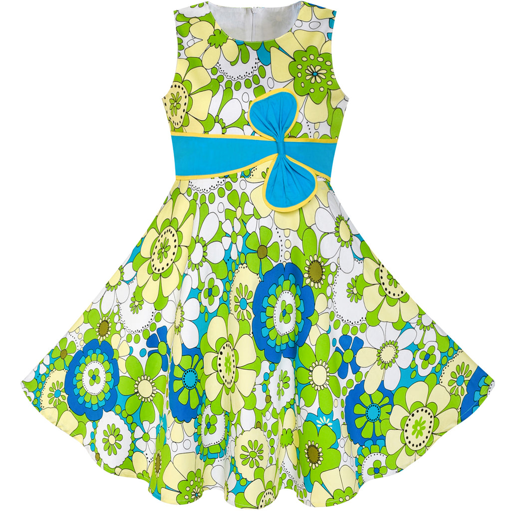 Girls Dress Sunhat Green Bow Tie Summer Size 4-12 Years