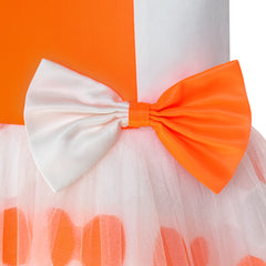 Girls Dress Bow Tie Orange White Color Contrast Size 4-12 Years