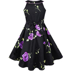 Girls Dress Black And Purple Flower Halter Dress Size 7-14 Years