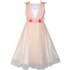 Flower Girls Dress Peach Ruffle Butterfly Wedding Bridesmaid Size 6-14 Years
