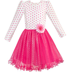 Girls Dress Rose Pink Long Sleeve Dot Flower Tutu Dress Size 5-12 Years