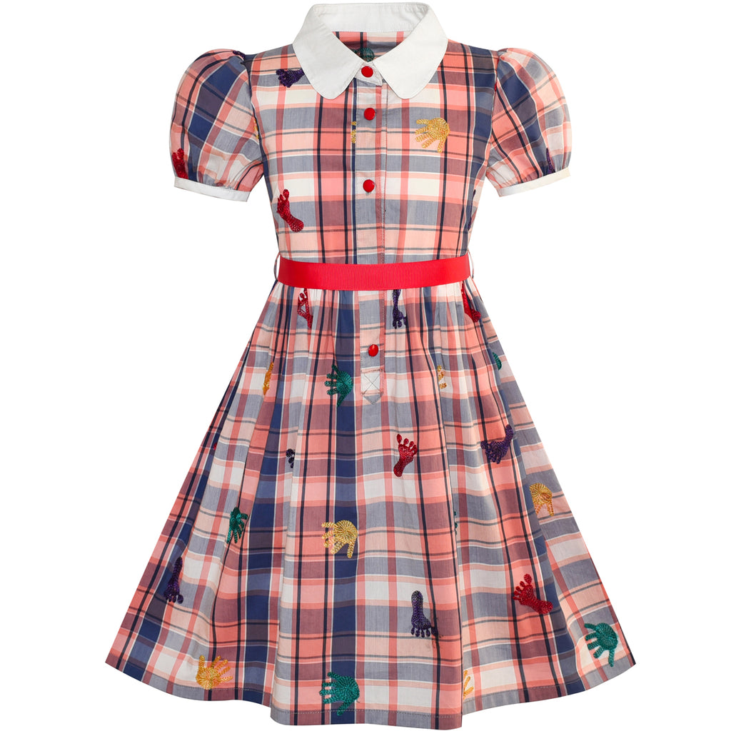Girls Dress School Foot Hand Print Embroidery Gingham Size 4-10 Years