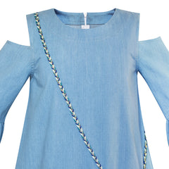 Girls Cold Shoulder Dress Denim Cowboy 3/4 Sleeve Size 2-12 Years