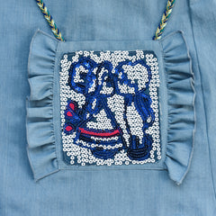 Girls Cold Shoulder Dress Denim Cowboy 3/4 Sleeve Size 2-12 Years