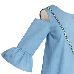 Girls Cold Shoulder Dress Denim Cowboy 3/4 Sleeve Size 2-12 Years