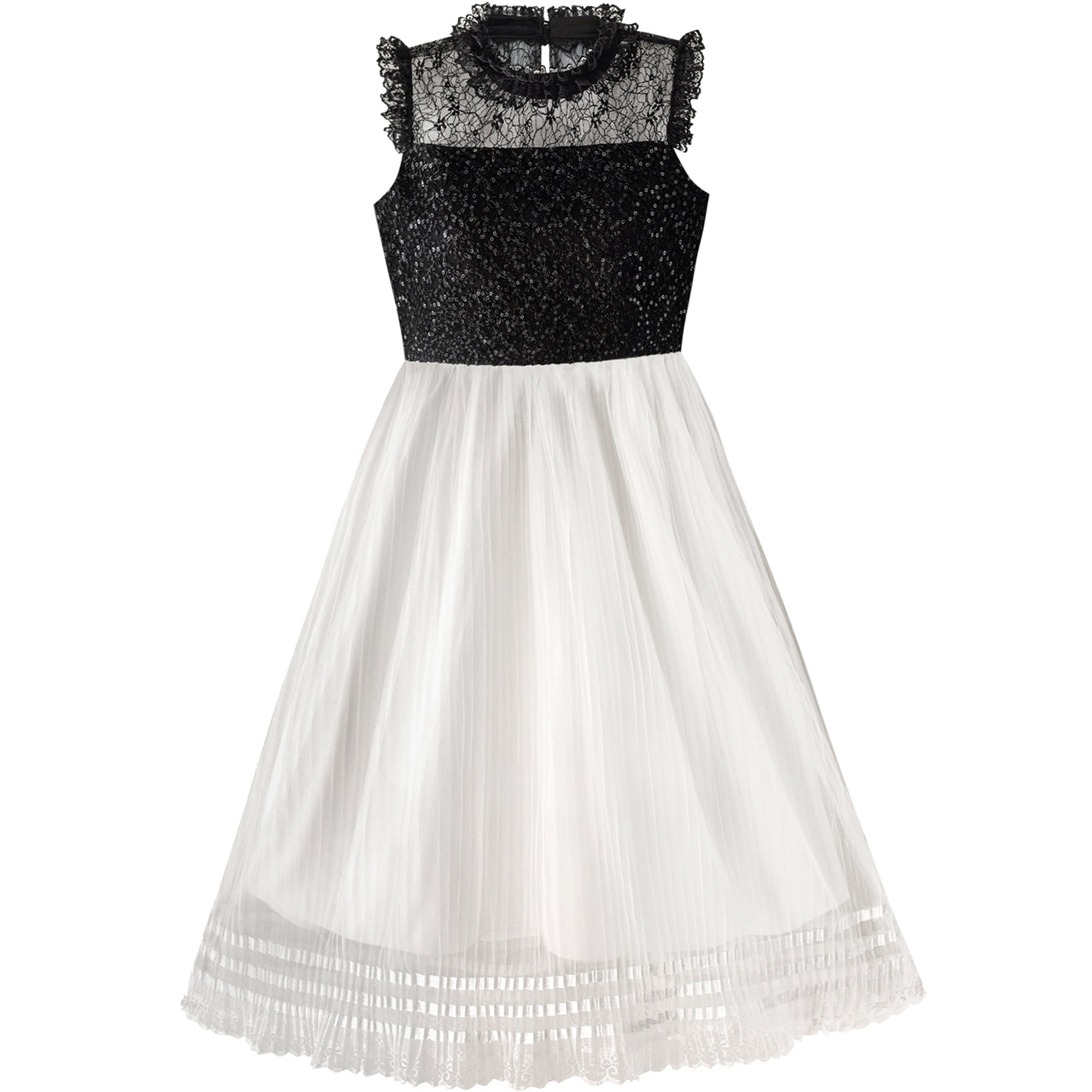 Girls Dress White And Black Pleated Skirt Lace Sequin – Sunny Fashion
