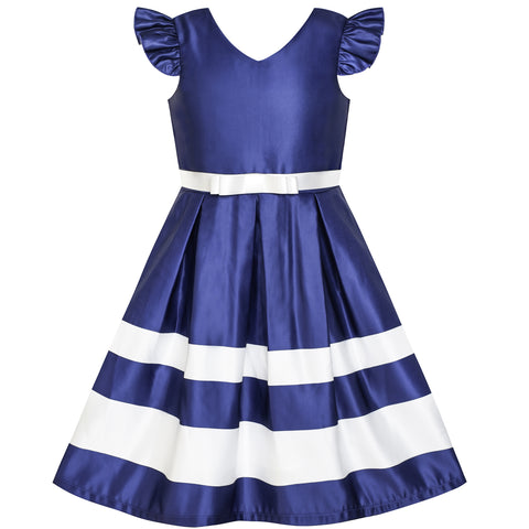 Girls Dress Navy V-neckline Ribbon Color Contrast Size 6-12 Years