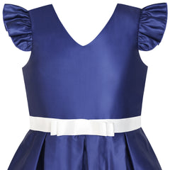 Girls Dress Navy V-neckline Ribbon Color Contrast Size 6-12 Years