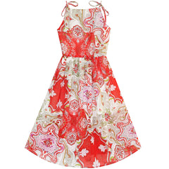 Girls Dress Red Floral Chiffon Slip Midi Dress Summer Beach Party Size 7-14 Years