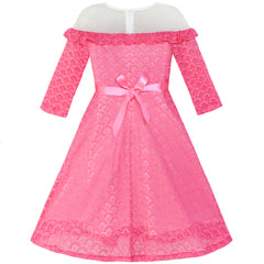 Girls Dress Off Shoulder Illusion Yoke 3/4 Sleeve Lace Dress Size 6-12 Years