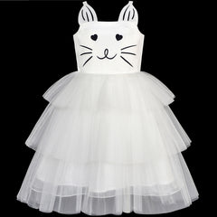 Girls Dress Cat Face Off White Tower Ruffle Dancing Party Size 4-10 Years