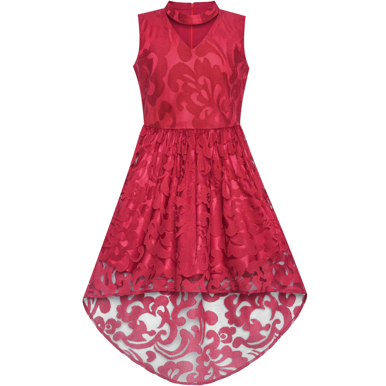 Girls Dress Burgundy Lace Halter Hi-low Dress Dancing Party Sunny Fashion Girls Dress Burgundy Lace Halter Hi-low Dress Dancing Party Sunny Fashion